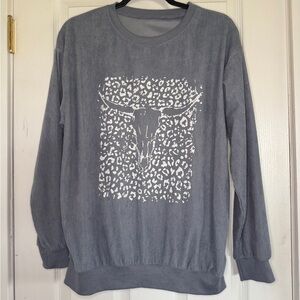 Blue-Gray Western Crewneck Sweater with Bull Skull Design
